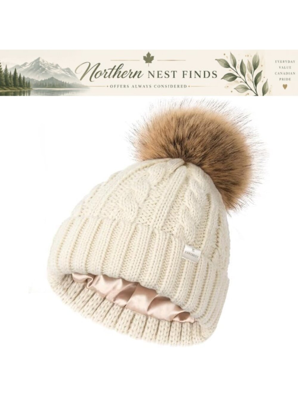 Satin Lined Knitted Winter Beanie Hat with Pom Pom Warm Ski Cuff Cap